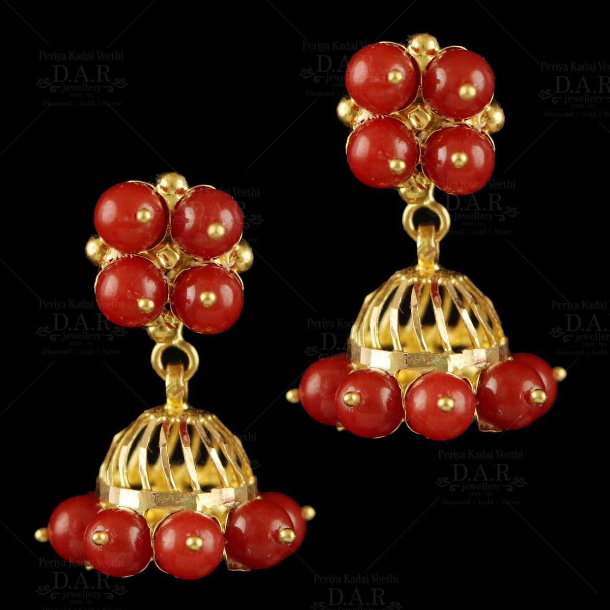 Gold Red Coral Earrings Studs - Eredi Jovon Venezia