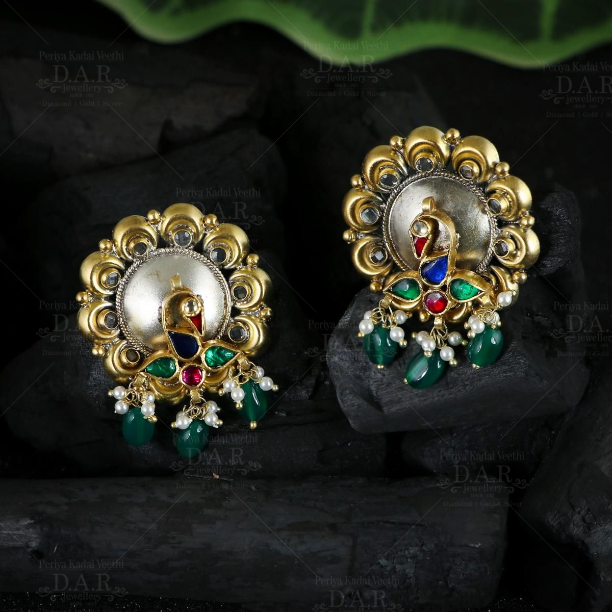 Silver Jadau Kundan Earrings - Peacock Stone Colour Red